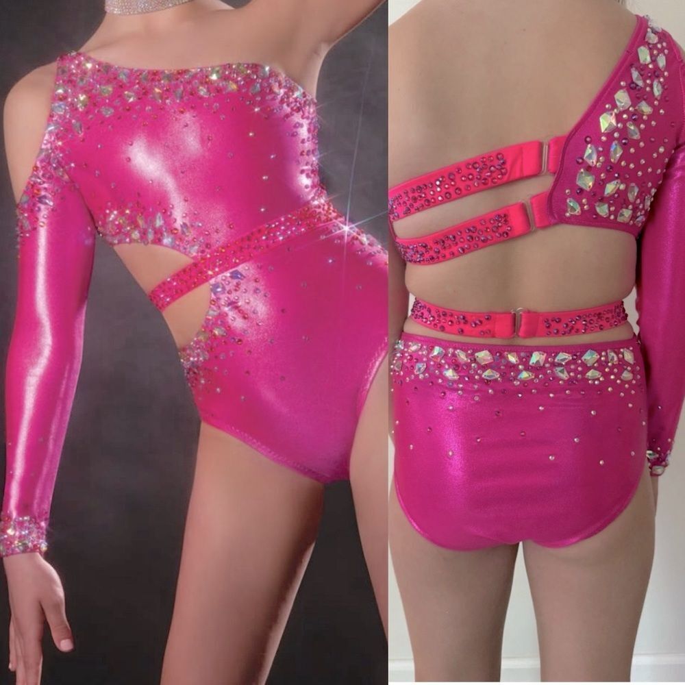 Glamour solo dance costume hot pink sassy embellished bling LA-Large adult